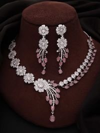 Rose Gold Toned AD White Floral Necklace set